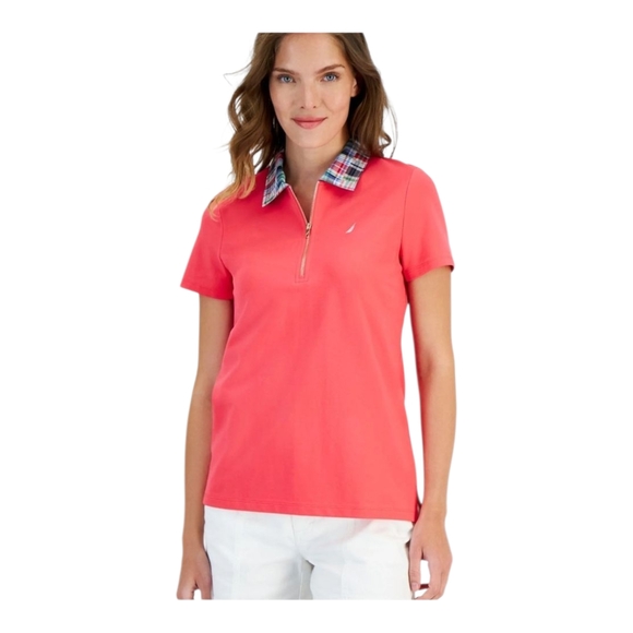 Nautica Women's Rouge Short Sleeve Polo with Plaid Collar.  Size Small - Picture 1 of 6
